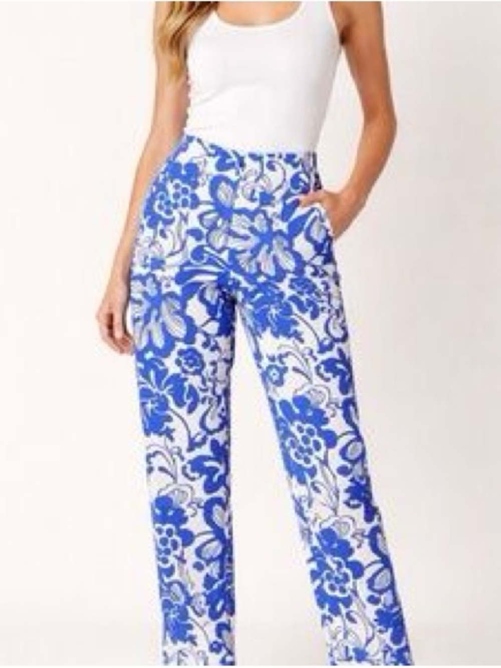 Zara Linen Blend Blue Floral Wide-Leg Women's Pants Size Small